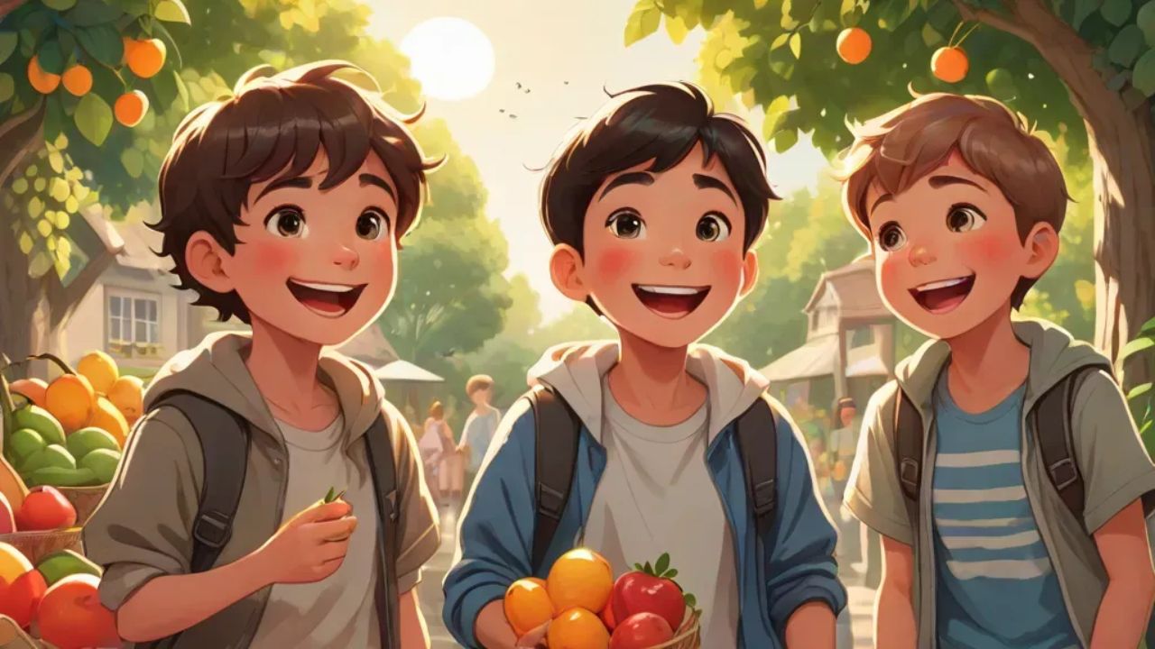 Three Young Boys enjoying and sharing fruits